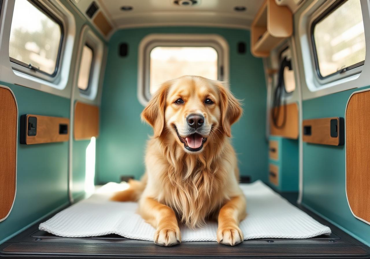Calm, freshly groomed golden retriever inside a mobile grooming van serving Hemet and San Jacinto